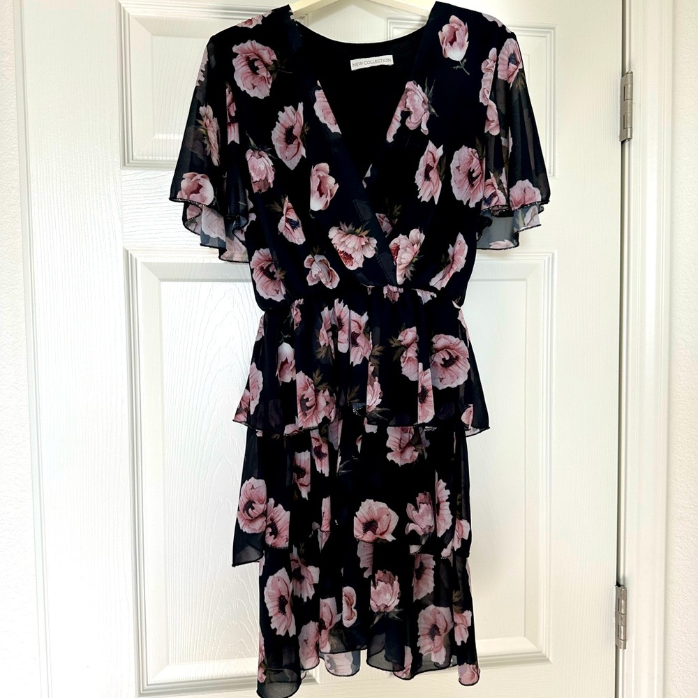 Black Floral Ruffle Dress with Flutter Sleeves